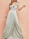 Ruffle Hem Sleeve Wrap Satin Formal Dress