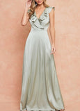 Ruffle Hem Sleeve Wrap Satin Formal Dress