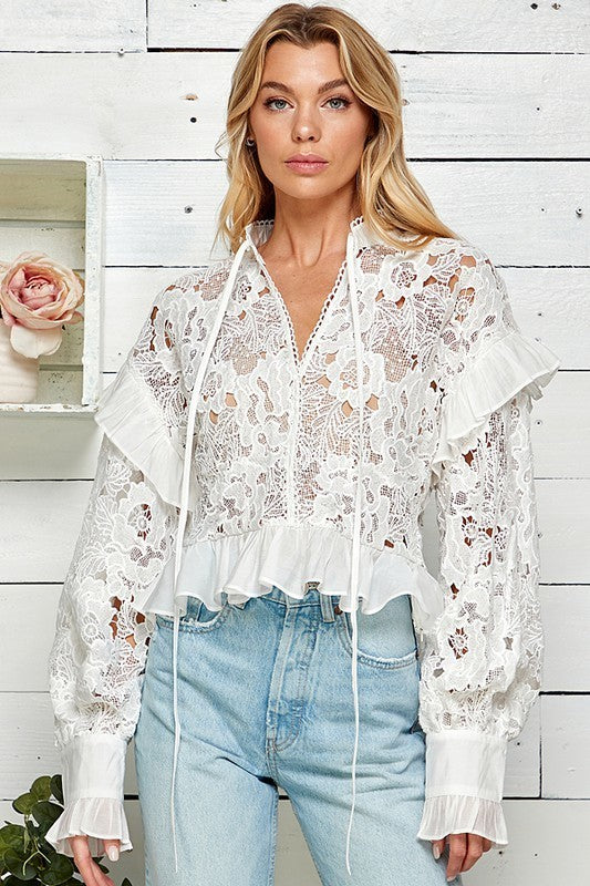 Lace Floral Button-Up Long Sleeve Top