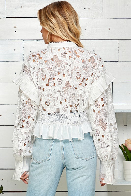 Lace Floral Button-Up Long Sleeve Top