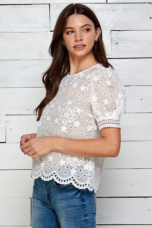 Eyelet Lace Puffy Sleeve Top
