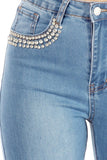 Distressed High Waisted Bell Bottom Rhinestone Jeans