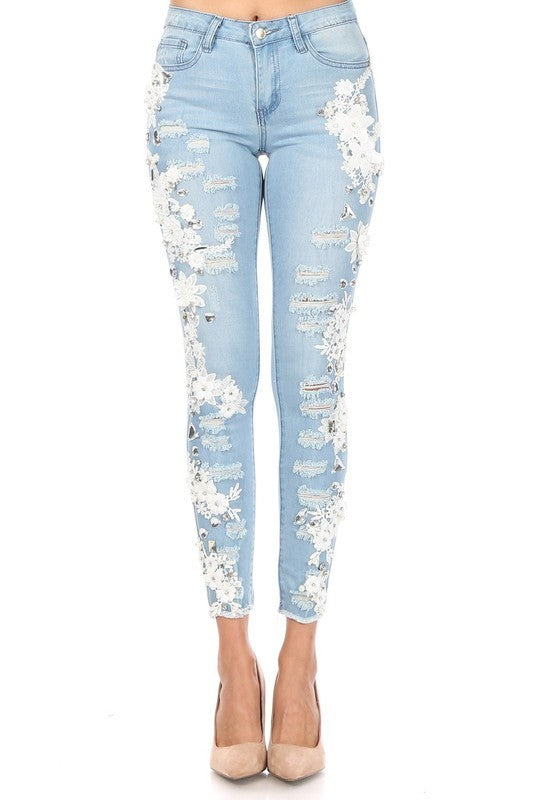 Distressed Lace Embroidered and Rhinestone Skinny Jeans