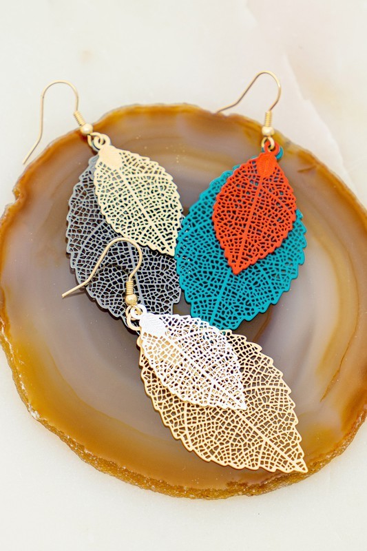 Double Filigree Leaf Delicate Stamping Earrings