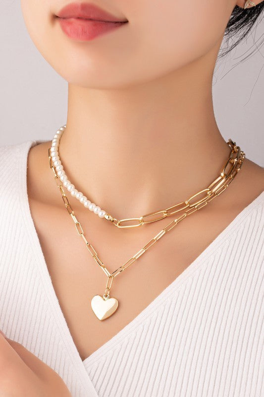 Asymmetric Pearl and Chain with Heart Necklace