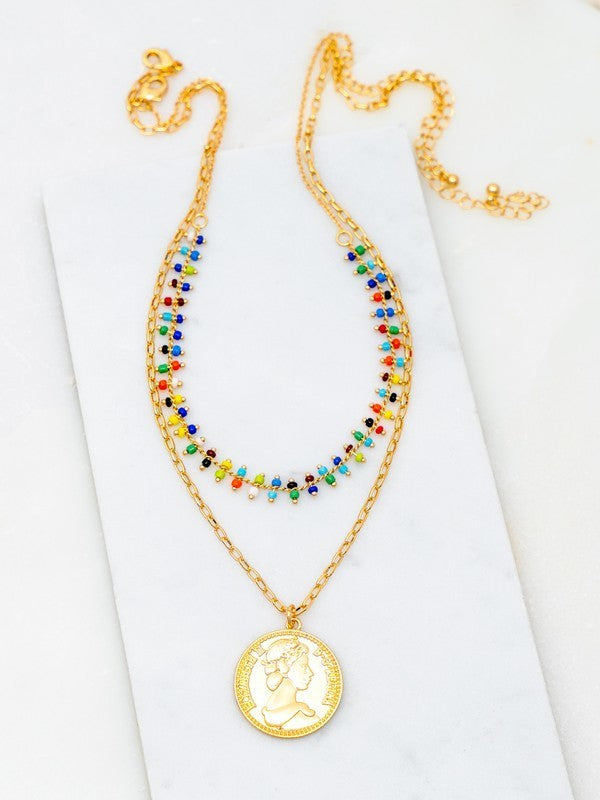 Multicolor Beads and Coin Charm Two Set Necklace