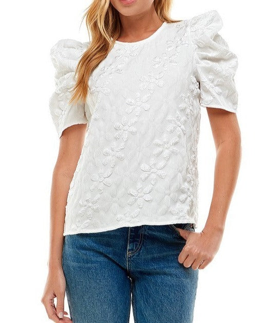 Textured Jacquard Puff Sleeve Top