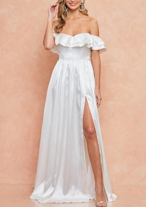 Off The Shoulder Satin White Formal Dress