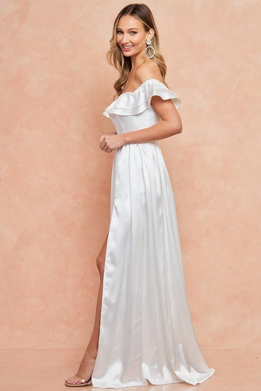 Off The Shoulder Satin White Formal Dress