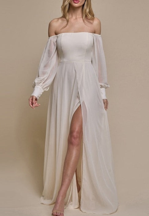 Off Shoulder Chiffon Slit Formal Dress