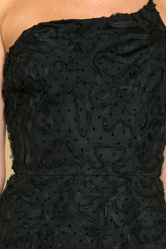 One Shoulder Embroidered Ruffle Hem Cocktail Dress