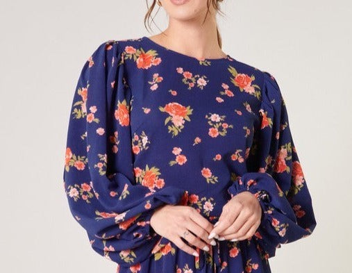 Balloon Sleeve Navy Floral Top