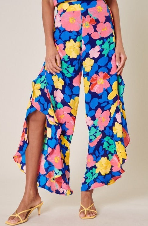 Floral Asymmetrical Ruffle Pants