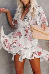 Floral Print Plunge Ruffle Hem Dress