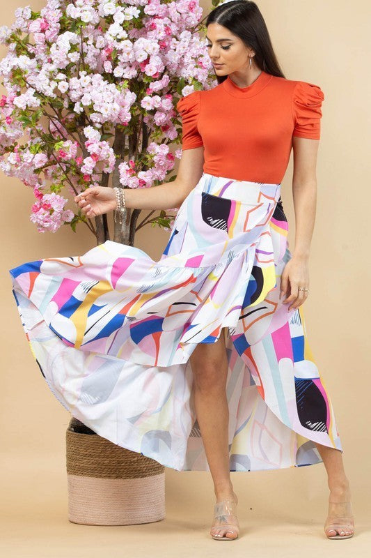 Abstract Floral Print Wrap Maxi Skirt