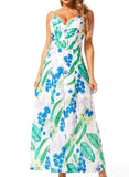 Purple & Green Leaves Belted Maxi Dress