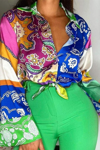 Scarf Print Bell Sleeve Button Up Top