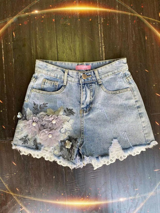 Handwork Embroidery Lace Trim Denim Shorts