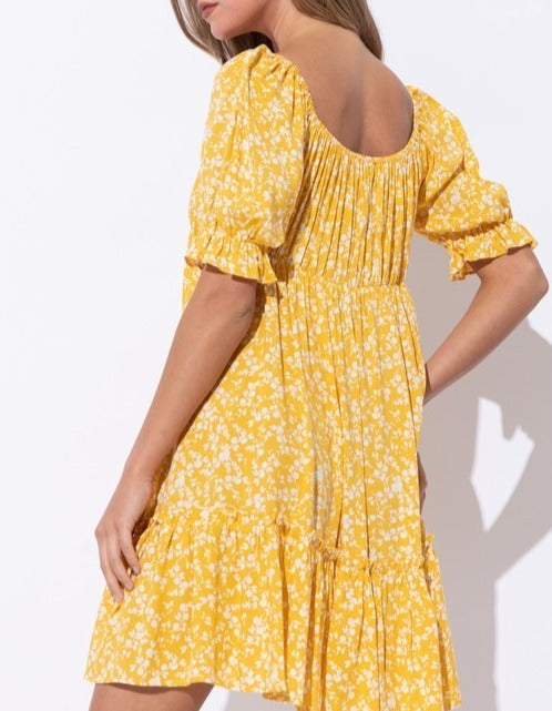 Yellow Flower Puff Sleeve Dress