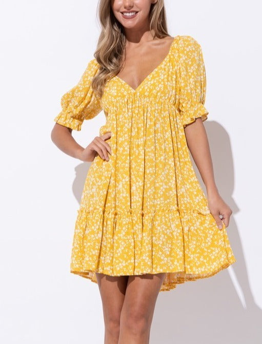 Yellow Flower Puff Sleeve Dress