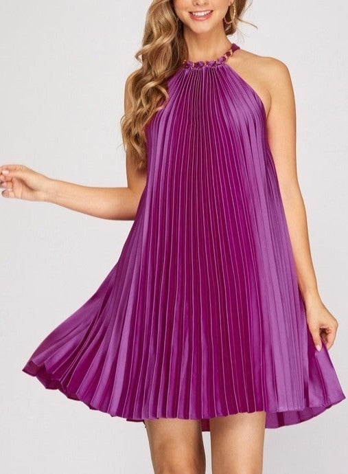Chain Detail Pleated Dress
