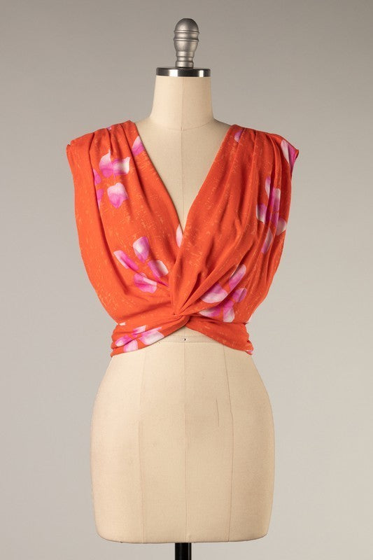 Floral Print Twist Back Tie Top