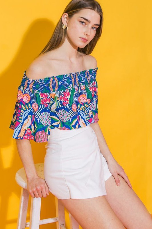 Folk Print Off Shoulder Top