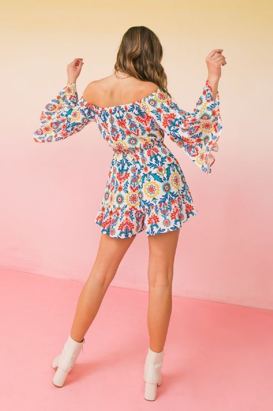 Floral Off Shoulder Bell Sleeve Romper