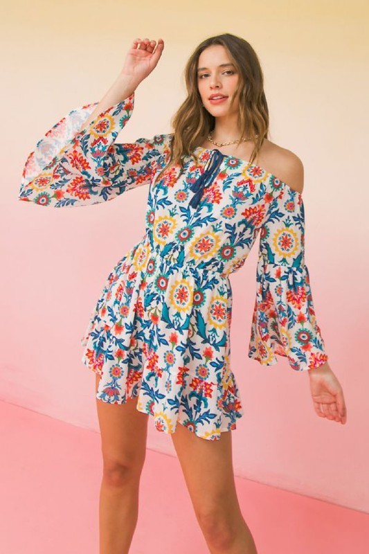 Floral Off Shoulder Bell Sleeve Romper