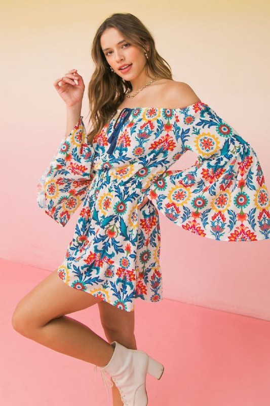 Floral Off Shoulder Bell Sleeve Romper