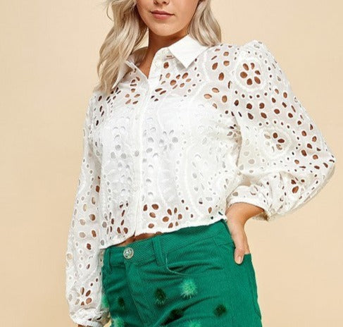 Eyelet Button Down Puffy Sleeve Top