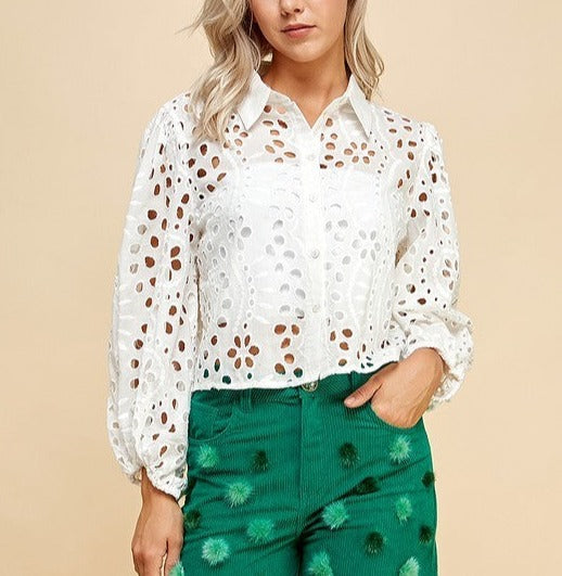 Eyelet Button Down Puffy Sleeve Top