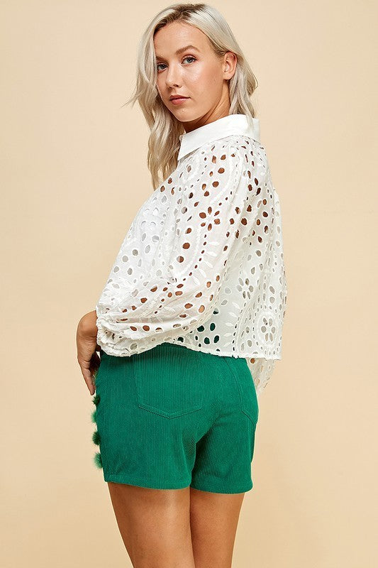 Eyelet Button Down Puffy Sleeve Top