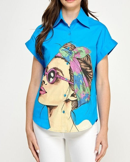 Graphic Face Button Down Shirt