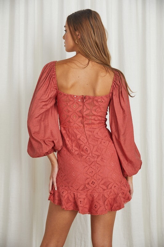 Long Balloon Sleeved Lace Bustier Dress