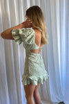 Double Frill Hem Puff Sleeves Lined Lace Dress
