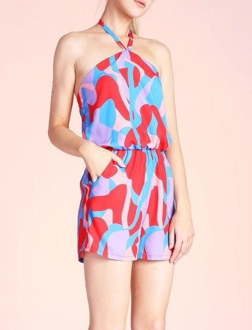 Mix Color X Neck Halter Romper