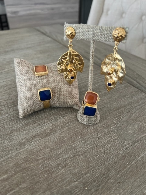 Navy & Cognac Leaf Turkish Earrings