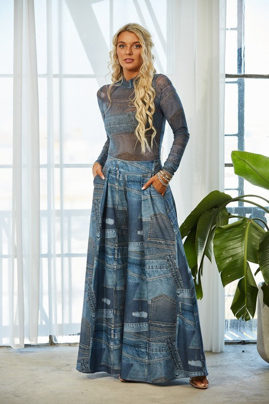 Denim Jean Print Palazzo Pants