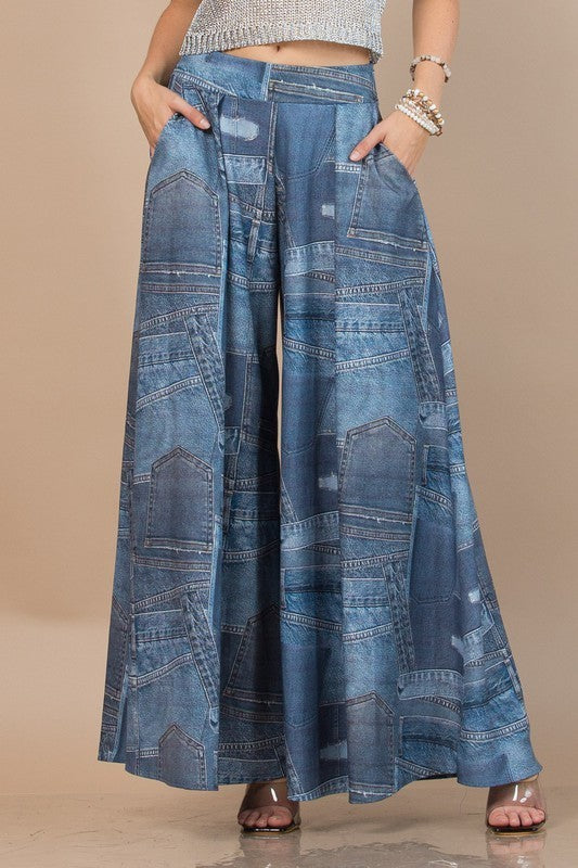 Denim Jean Print Palazzo Pants