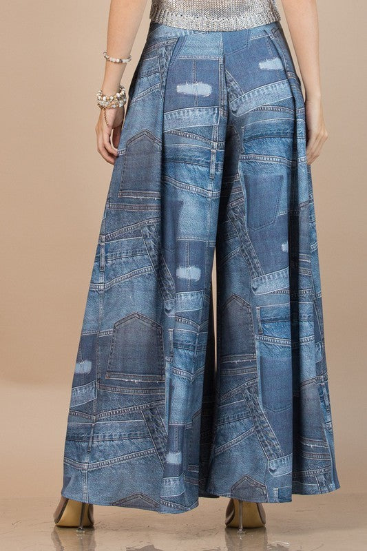 Denim Jean Print Palazzo Pants