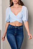 Short Sleeve Back Tie Smock Surplice Crop Top