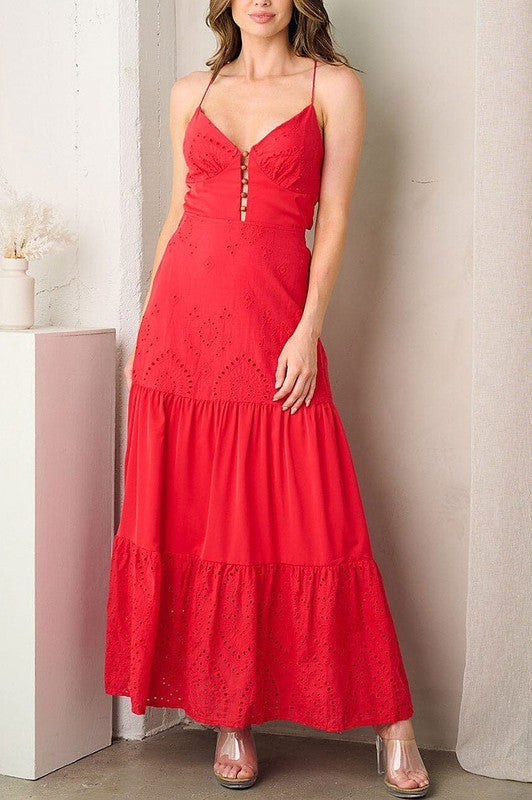 V-Neck Tiered Back Tie Detailed Maxi Dress