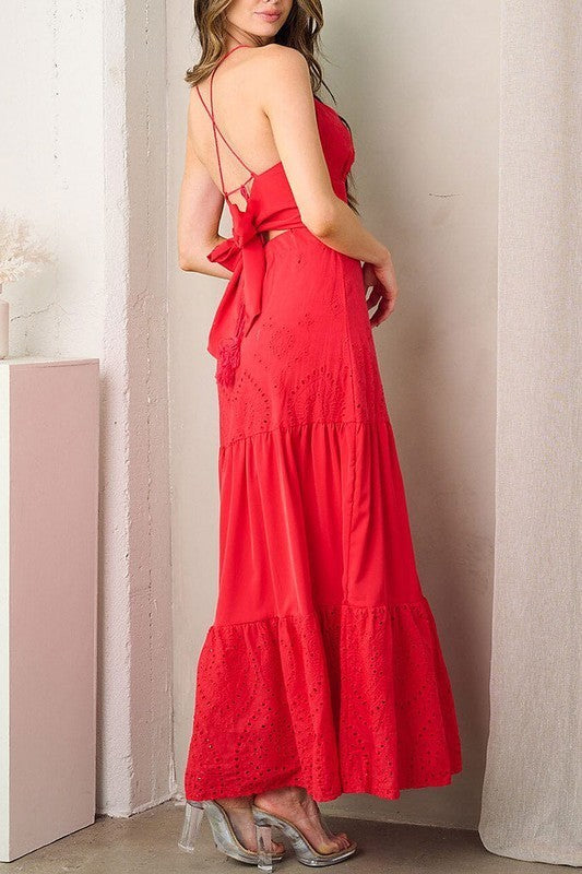 V-Neck Tiered Back Tie Detailed Maxi Dress