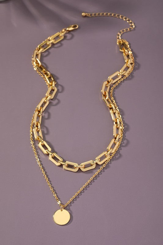 Two Row Mixed Chain Coin Pendant Necklace