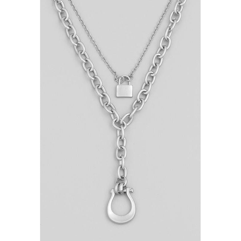 Layered Cable Chain Horseshoe Lock Pendant Necklace (Pick Color)