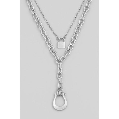 Layered Cable Chain Horseshoe Lock Pendant Necklace (Pick Color)