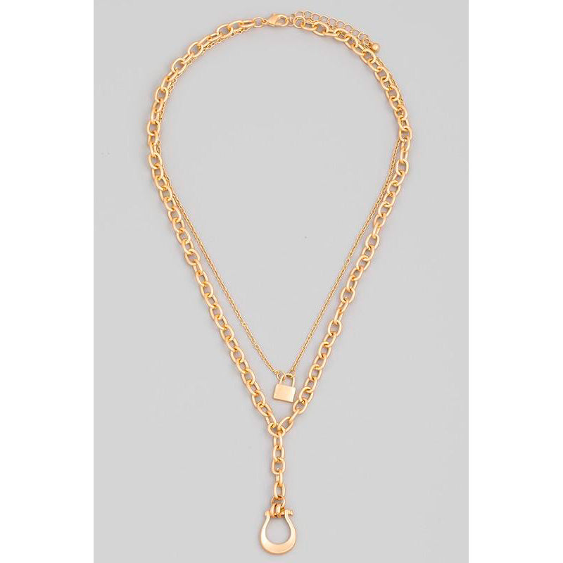 Layered Cable Chain Horseshoe Lock Pendant Necklace (Pick Color)