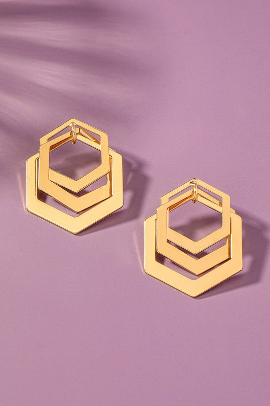 3 Tiered Hexagon Hoop Drop Earrings