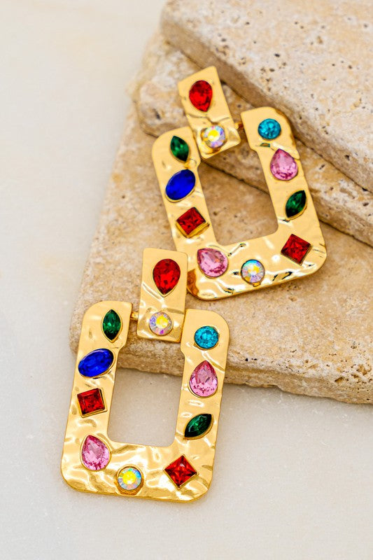 Rectangle Hammered Hoop Multi Color Gemstones Earrings